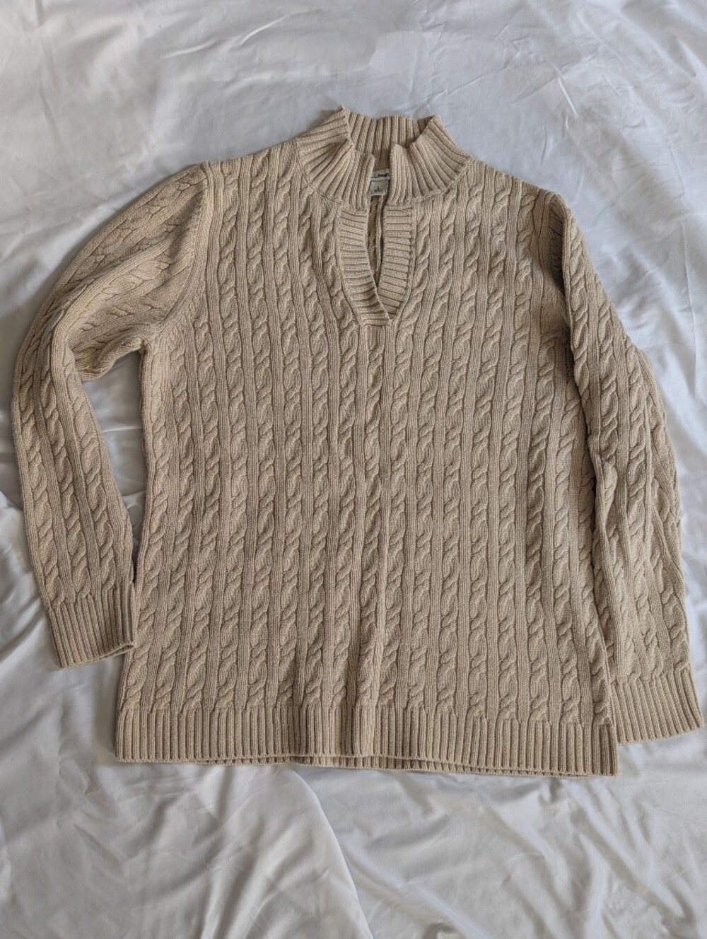 LLBean Split Neck Cable Knit Sweater Size  L
